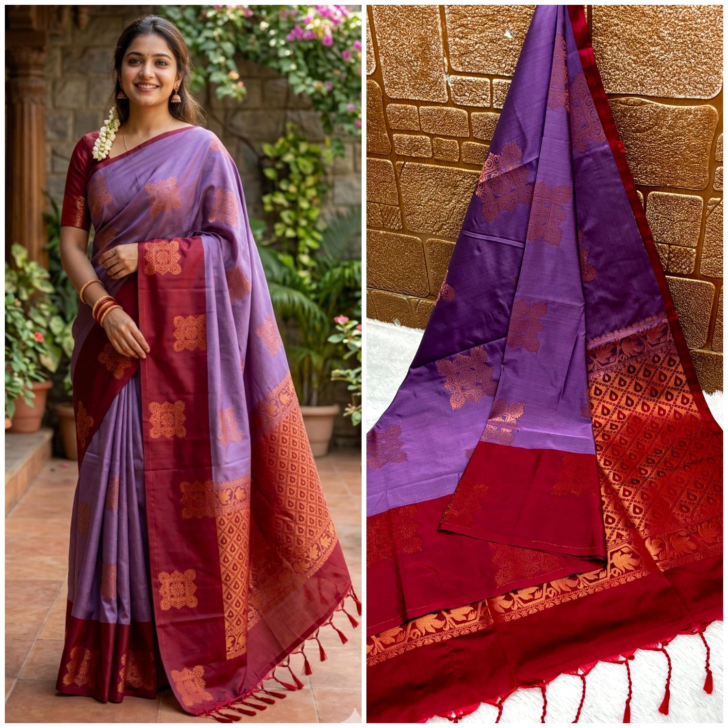 Lavender and Wine Red Kanchi Border Soft Silk Saree